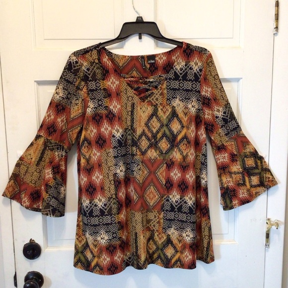 New Directions Womens Boho Brown Stretch Bell Sleeve Blouse Size Large - Picture 1 of 6